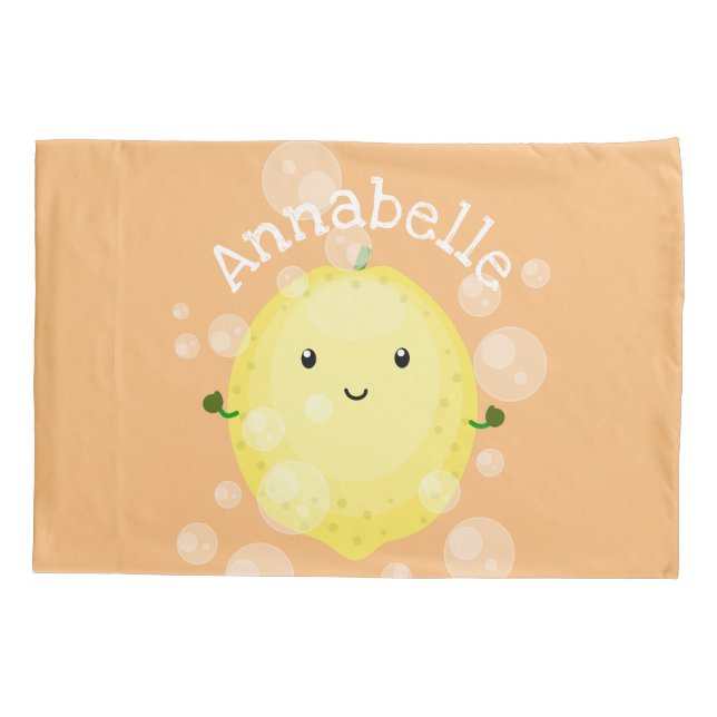 Cute lemon fruit cartoon bubbles illustration pillowcase (Back)