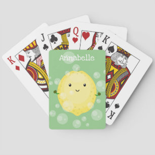 Cute lemon fruit cartoon bubbles illustration playing cards