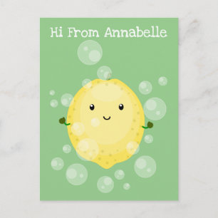 Cute lemon fruit cartoon bubbles illustration postcard