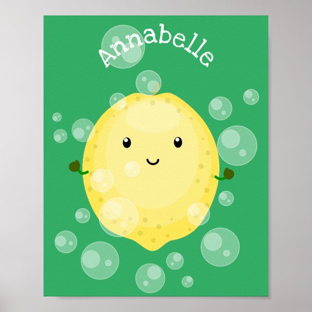 Cute lemon fruit cartoon bubbles illustration poster (Front)