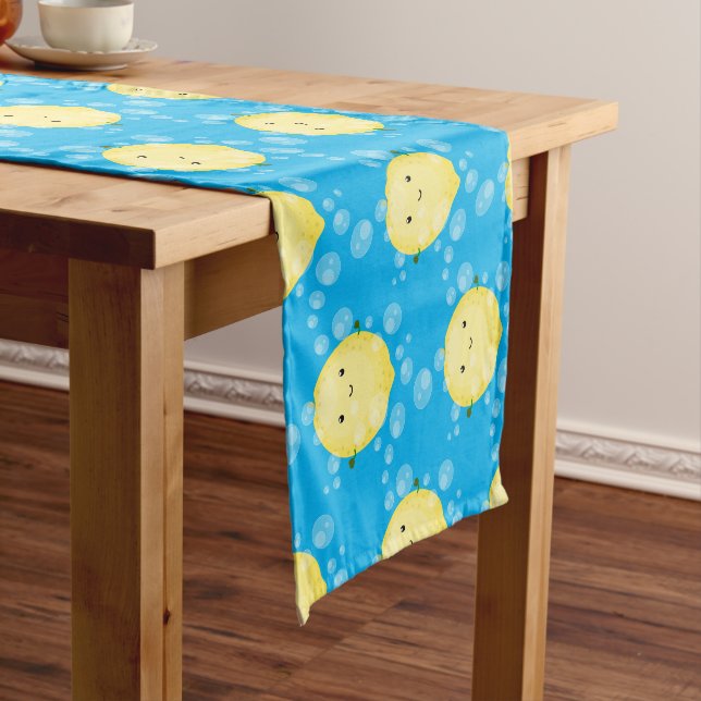 Cute lemon fruit cartoon bubbles illustration short table runner (In Situ)