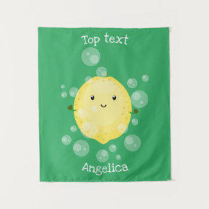 Cute lemon fruit cartoon bubbles illustration tapestry