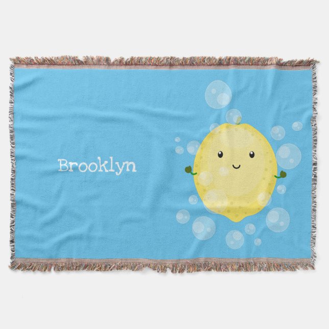 Cute lemon fruit cartoon bubbles illustration throw blanket (Front)