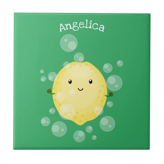 Cute lemon fruit cartoon bubbles illustration tile (Front)