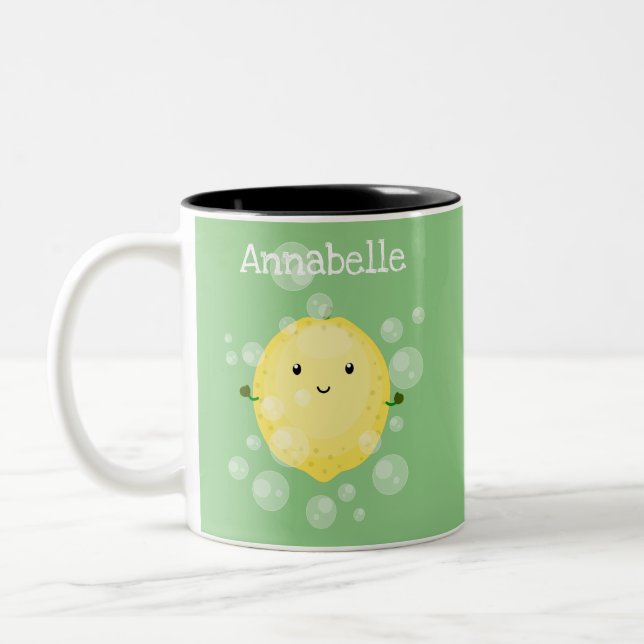 Cute lemon fruit cartoon bubbles illustration Two-Tone coffee mug (Left)