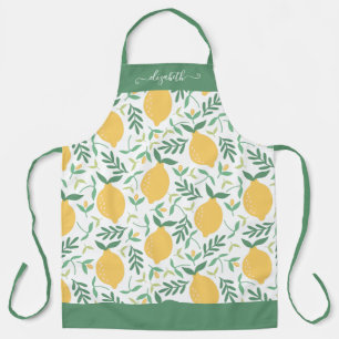 Cute Lemon Leaves Green Yellow Girly Script Name Apron