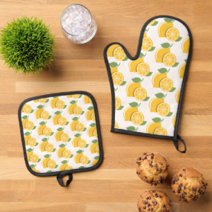 Cute Lemon Motifs Pattern Yellow Green Oven Mitt & Pot Holder Set