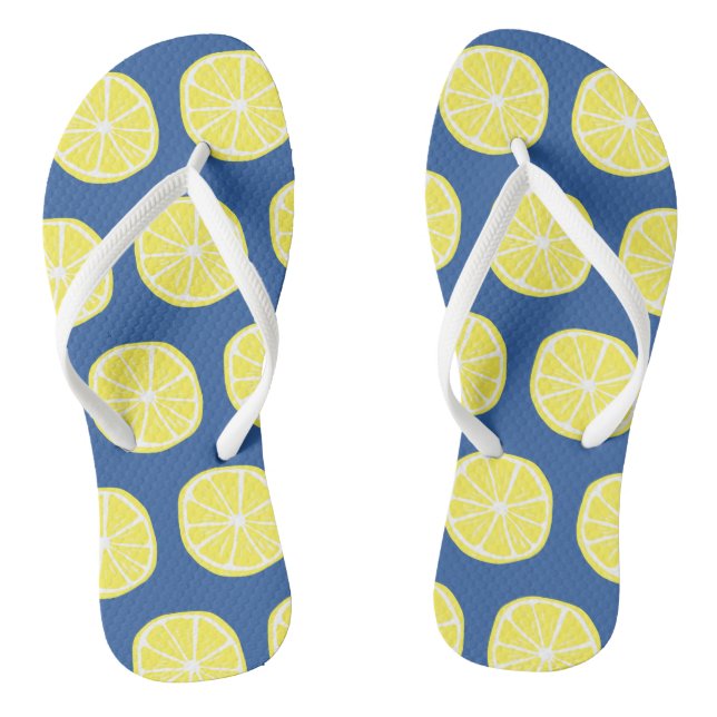 Cute Lemon Slice Pattern Bright Yellow on Blue Flip Flops (Footbed)