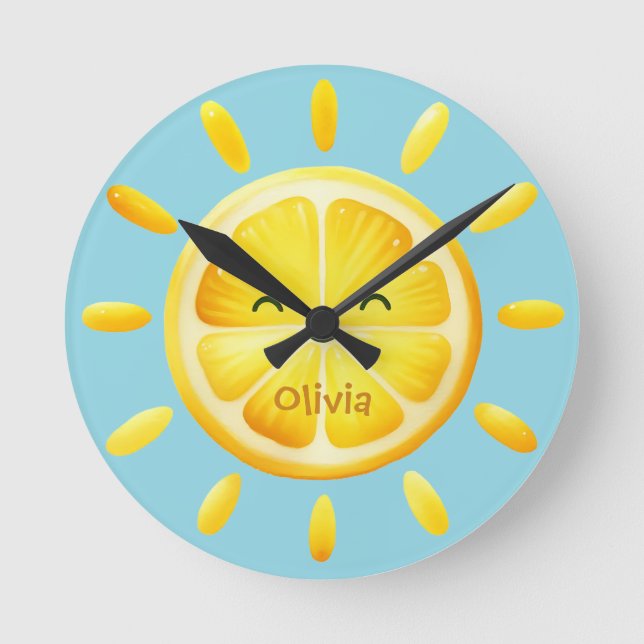 Cute Lemon Sun and Sunrays Round Clock (Front)