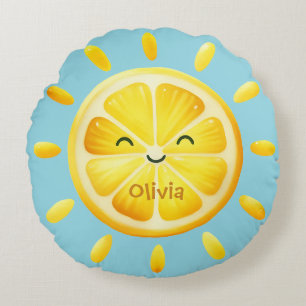 Cute Lemon Sun and Sunrays Round Cushion