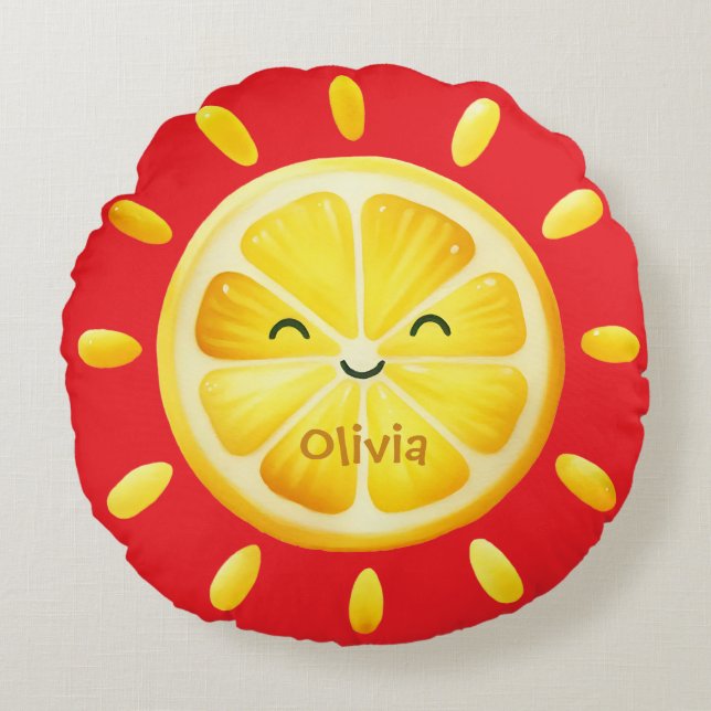 Cute Lemon Sun and Sunrays Round Cushion (Front)