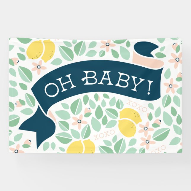 Cute Lemon Yellow Botanical Leaves Baby Shower Banner (Horizontal)