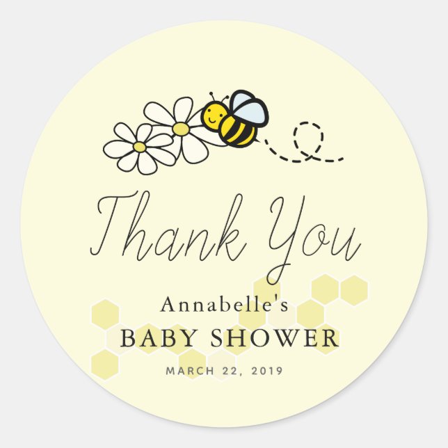 Cute Lemon Yellow Bumble/Honey Bee Baby Shower Classic Round Sticker (Front)