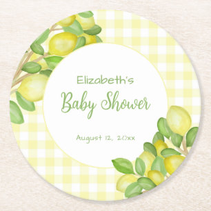 Cute Lemon Yellow Gingham Baby Shower Coaster
