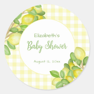 Cute Lemon Yellow Gingham Baby Shower Sticker
