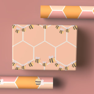 Cute Lemon Yellow & Peachy Orange Honeycomb & Bees Wrapping Paper Sheet