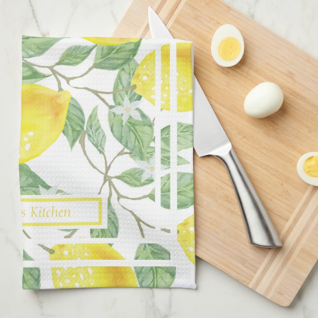 Cute Lemons and Leaves Yellow and Green Custom Tea Towel (Quarter Fold)