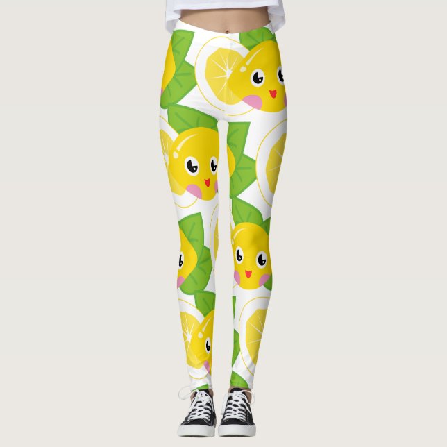 Cute Lemons Emoji Face Pattern Leggings (Front)