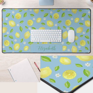 Cute Lemons Watercolor Dark Teal Large Desk Mat