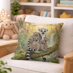 Cute Lemur Mama And Babies Jungle Animals Cushion