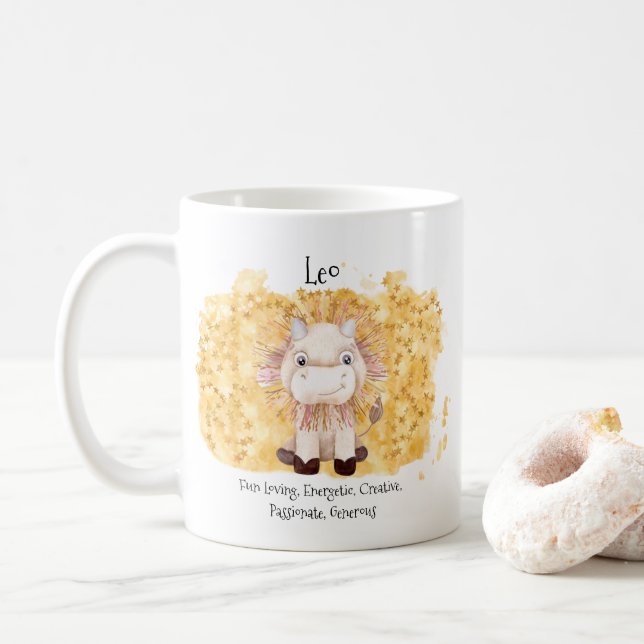 Cute Leo Lion Watercolor Bull Zodiac Monogram Coffee Mug (With Donut)