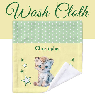 Cute leopard add name polka dots stars green wash cloth