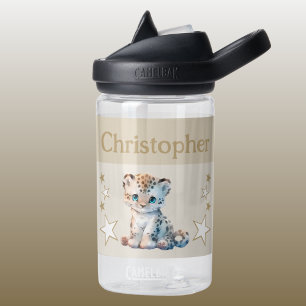 Cute leopard add name with stars kids brown water bottle