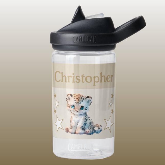 Cute leopard add name with stars kids brown water bottle (Creator Uploaded)