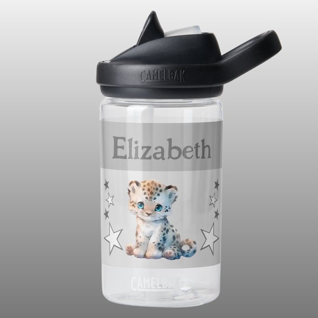 Cute leopard add name with stars kids grey water bottle (Creator Uploaded)