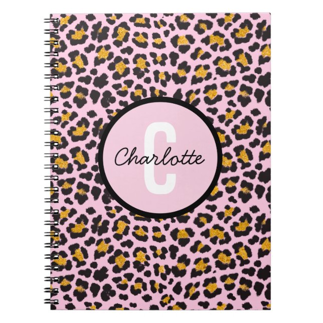 Cute Leopard Animal Print Monogram Pink Gold Notebook (Front)
