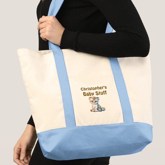 Cute leopard baby stuff name blue brown tote bag (Creator Uploaded)