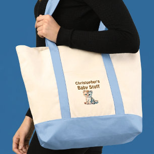 Cute leopard baby stuff name blue brown tote bag