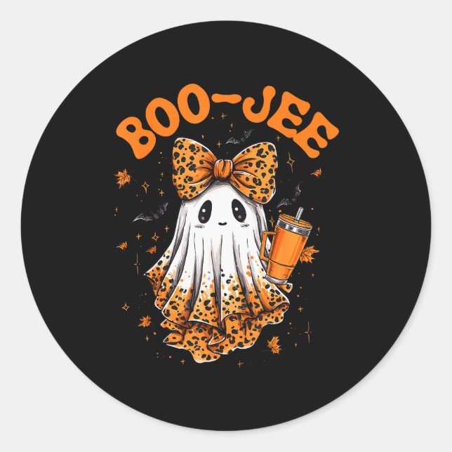 Cute Leopard Boo Jee Ghost Coffee Halloween Costum Classic Round Sticker (Front)
