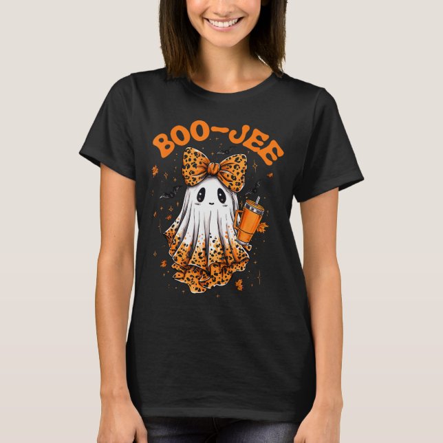 Cute Leopard Boo Jee Ghost Coffee Halloween Costum T-Shirt (Front)