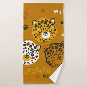 Cute Leopard Cat Face Drawing. Little Funny Cheeta Bath Towel