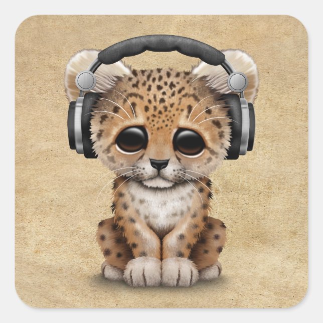Cute Leopard Cub Dj Wearing Headphones Square Sticker (Front)