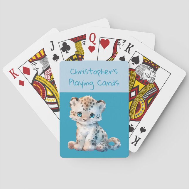 Cute leopard dark and light blue kids playing cards (Back)