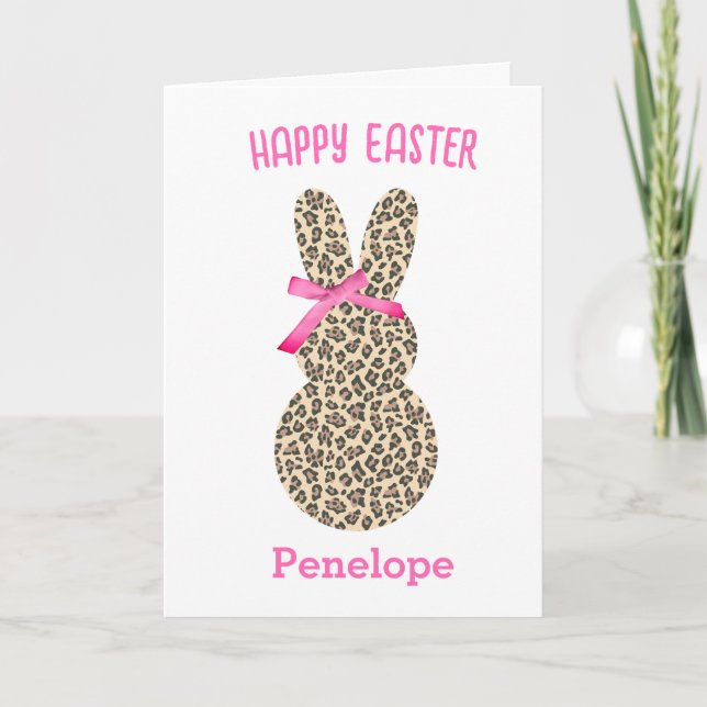 Cute Leopard Easter Bunny Pink Bow Card (Front)