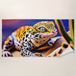 Cute Leopard Gecko Sunset Desert Design Beach Towel