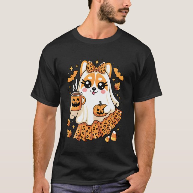 Cute Leopard Ghost Corgi Dog Drinking Coffee Hallo T-Shirt (Front)