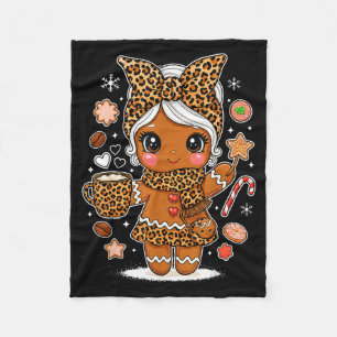 Cute Leopard Gingerbread Girl Coquette Bow Holiday Fleece Blanket