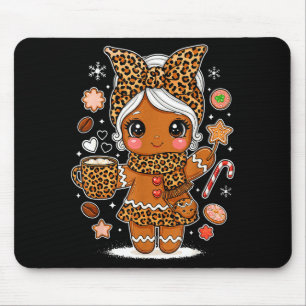 Cute Leopard Gingerbread Girl Coquette Bow Holiday Mouse Mat
