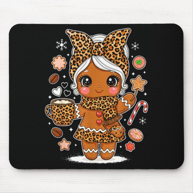Cute Leopard Gingerbread Girl Coquette Bow Holiday Mouse Mat (Front)