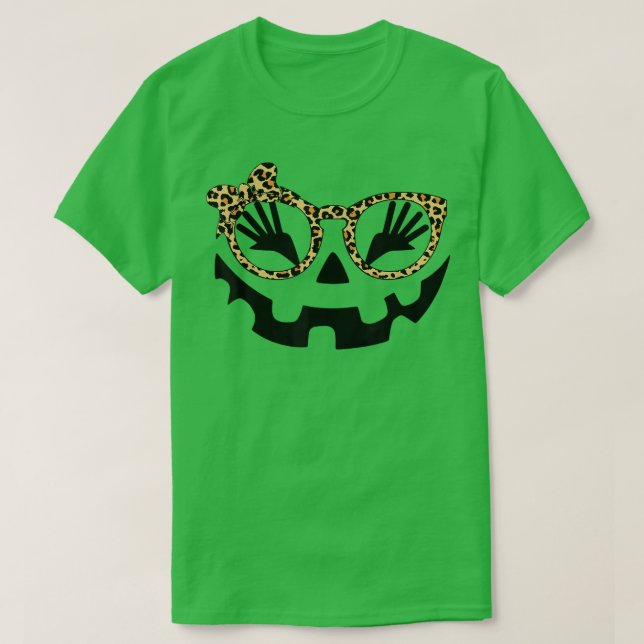 Cute Leopard Glasses Jack O Lantern Pumpkin Face H T-Shirt (Design Front)