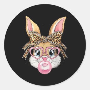 Cute Leopard Gles Bunny Bubble Gum Shirt Happy Eas Classic Round Sticker