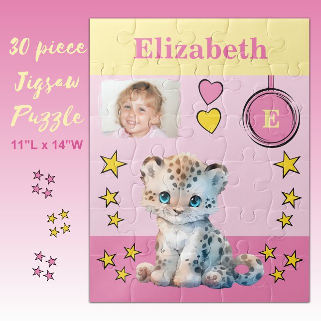 Cute leopard photo name pink yellow kids jigsaw puzzle (Creator Uploaded)