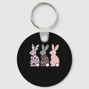 Cute Leopard Plaid Flower Floral Happy Easter Bunn Key Ring