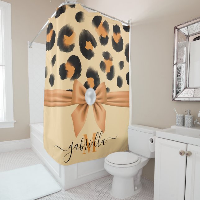 Cute Leopard Print and Bow Shower Curtain (In Situ)