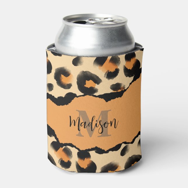 Cute Leopard Print Monogram Can Cooler (Can Front)
