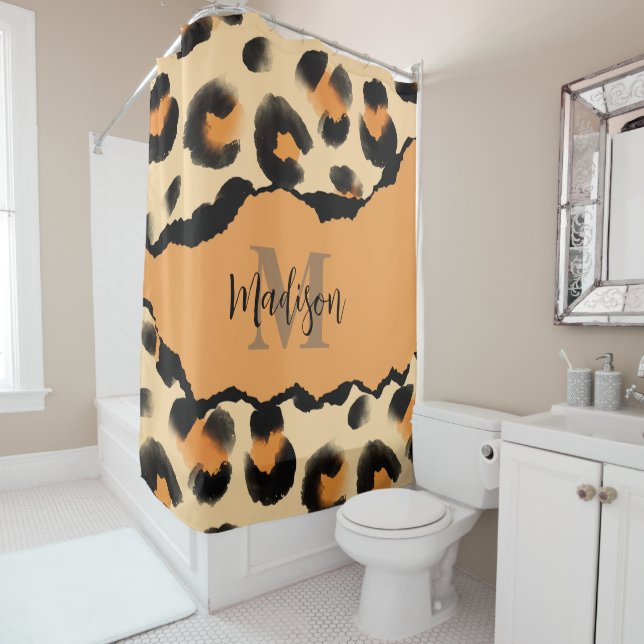 Cute Leopard Print Monogram Shower Curtain (In Situ)